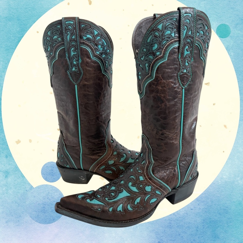 Ariat Presidio Chocolate Brown Leather Cowboy Boots with Turquoise tooling, 7.5M